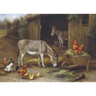 Edgar Hunt – Donkey and Chickens by a Barn